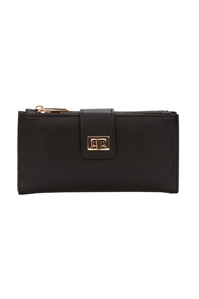 Newish Women's Black Card Holder Wallet with Coin and Paper Money Compartments Soft Textured Portfolio Wallet with Hand Strap