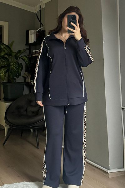 Qenz Leopard Garnished Tracksuit Set - Navy Blue