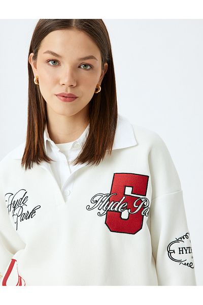 Koton Polo Neck Buttoned Oversize College Embroidered Raised Sweatshirt