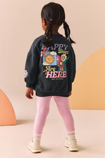 Magu Black Happy Slogan Patterned Sweatshirt Leggings Bottom-Top Set Girl