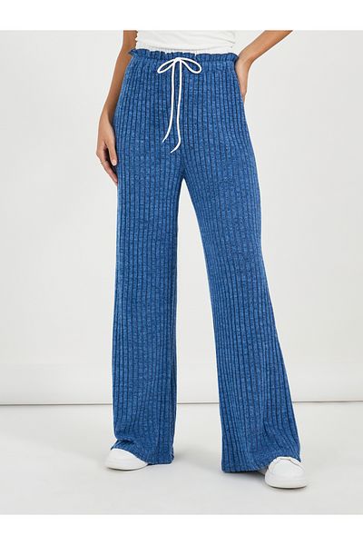 Styli High Rise Ribbed Knit Wide Leg Pants with Drawstring