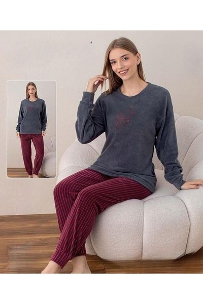 BOYRAZ Women's Winter Crew Neck Soft Velvet Pajamas Set 07037 - 1 Piece