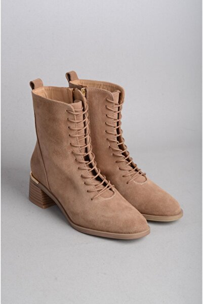 SEÇ KUNDURA بوت نسائي بكعب من الجلد الطبيعي - اختيار 88112، جلد سويدي قرفة، 4...