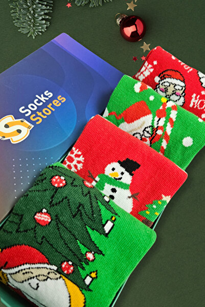 Esinti Ανδρικές Γυναικείες Παιδικές Χριστουγεννιάτικες Κάλτσες με θέμα τα Χριστούγεννα σε κουτί δώρου Μακριές πράσινο-κόκκινες κάλτσες Πρωτοχρονιάς Σετ 4 τεμαχίων