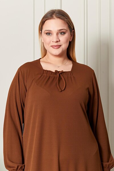 Ferace Kadın Büyük Beden Kare Yaka Fitilli Elbise