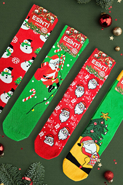 Esinti Ανδρικές Γυναικείες Παιδικές Χριστουγεννιάτικες Κάλτσες με θέμα τα Χριστούγεννα σε κουτί δώρου Μακριές πράσινο-κόκκινες κάλτσες Πρωτοχρονιάς Σετ 4 τεμαχίων