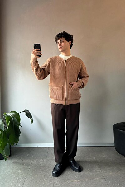Flaw Wear Pocket Detail Zip Camel Knitwear Cardigan