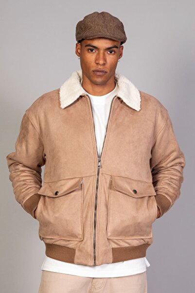 LTC Jeans Ανδρικό μπουφάν με μπεζ γούνινο γιακά και καπιτονέ μέσα σε σουέτ oversize