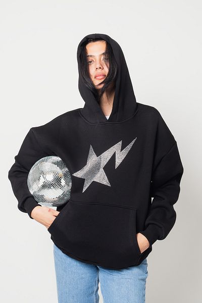 Bak Moda Shining Star Stone Printed Oversize Unisex Premium Black Hoodie