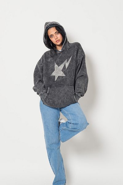 Bak Moda Shining Star Stone Printed Oversize Unisex Premium Washed Black Hoodie