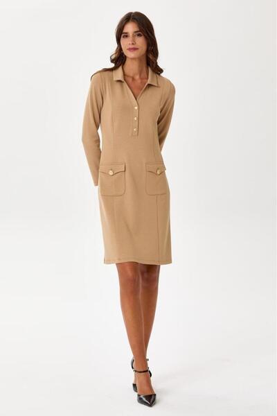 İKİLER Polo Yaka Önü Düğmeli Cepli Elbise 245-2502