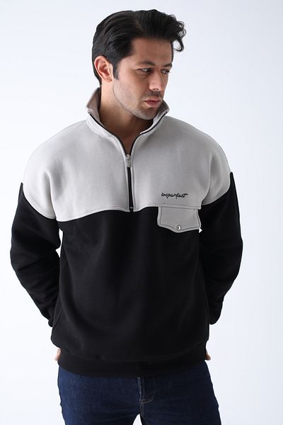 ERTA GOLD Oversize Gray Black Half Zipper Sweatshirt
