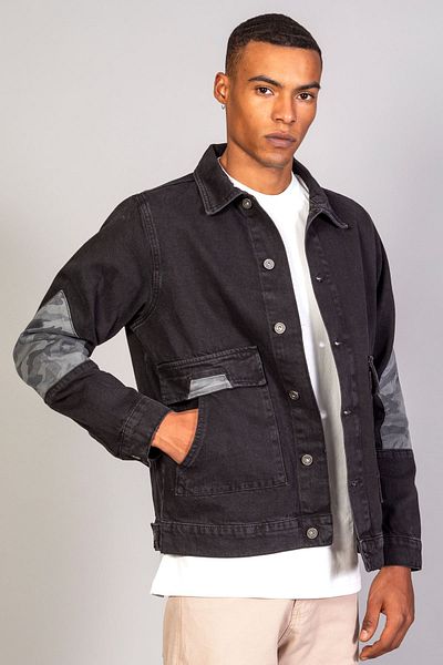 LTC Jeans Мъжко голямо черно дънково яке с камуфлажни детайли