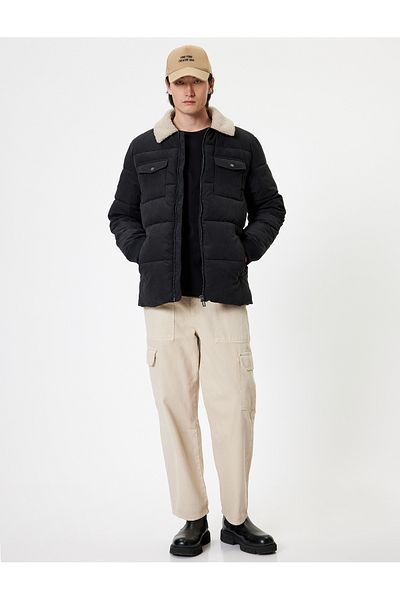 Koton Slim Fit Puffer Παλτό Λούτρινο γιακά Λεπτομερές φερμουάρ