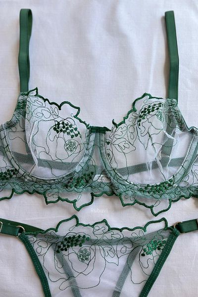 Rubuvi Brode pentru femei verzi, cu sârmă, dantelă, zestre, sexy, fantezie, îmbrăcăminte interioară, sutien, chiloți, set de rufe