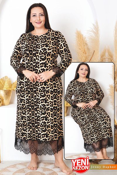 Jenny Daphne Plus Size Viscose Fabric Mother Size Dress Lace Leopard Print Nightgown Dress Oversize Size 7284