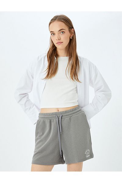 Koton Slogan Embroidery Detailed Lace up Waist Shorts with Pockets