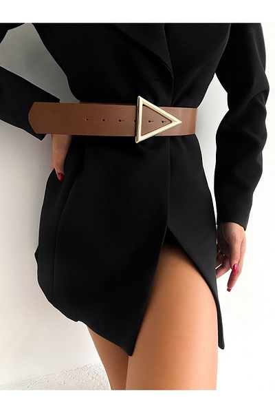 laughs Women's Brown Gold Triangle Buckle Dress Coat Belt