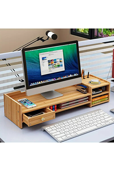 Bambu Masa Düzenleyici: Ahşap Bilgisayar Monitör Standı, Saklama Çekmeceleri ...