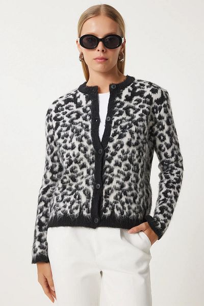 Machetta Women's Crew Neck Black and White Leopard Print Wool Cardigan