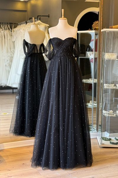 Lenta Moda Black Pearl and Sparkling Stones Maxi Length Draped See-Through Evening Dress and Evening Gown