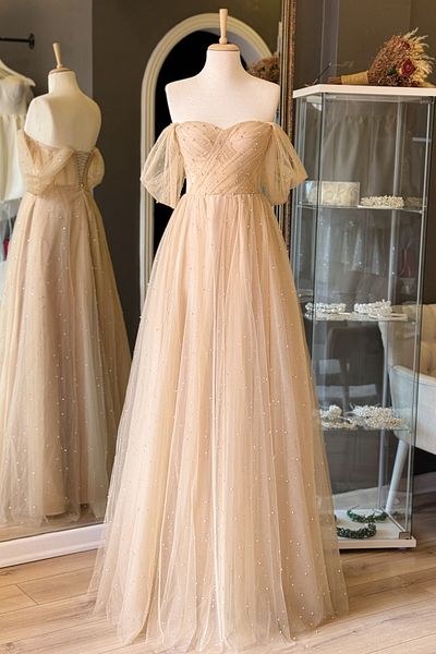 Lenta Moda Nude Rhinestone Maxi Evening Dress - Sheer Evening Gown with Pearls and Sparkling Draping