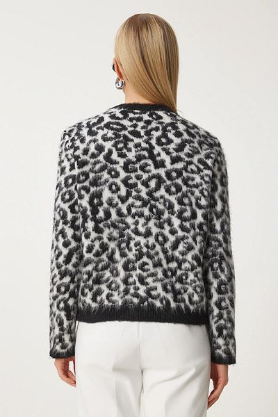 Machetta Women's Crew Neck Black and White Leopard Print Wool Cardigan