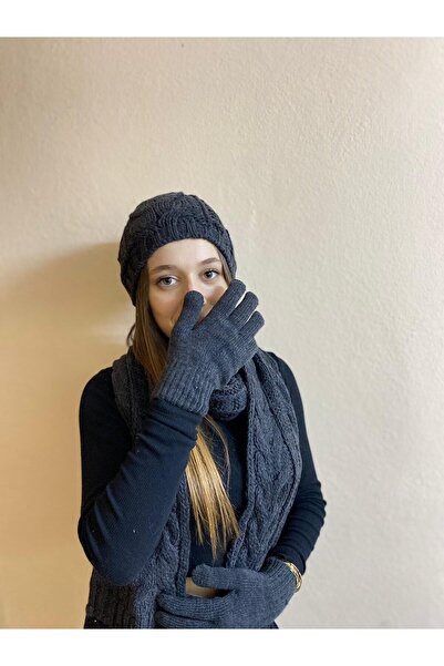 sema aksesuar Γυναικείο πλεκτό σετ φασολιών, κασκόλ και γαντιών - Χειμερινό σ...
