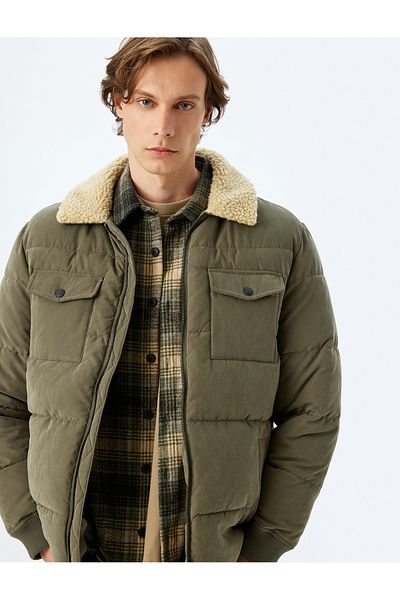 Koton Slim Fit Puffer Παλτό Λούτρινο γιακά Λεπτομερές φερμουάρ