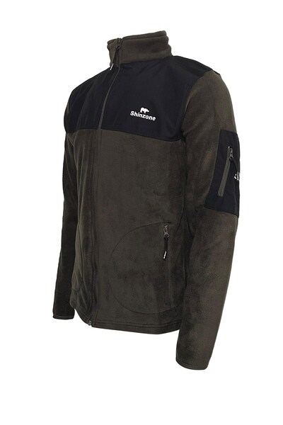 Shinzone Erkek Regular Fit Fermuarlı Cepli Battal Büyük Beden Polar Haki Sweatshirt