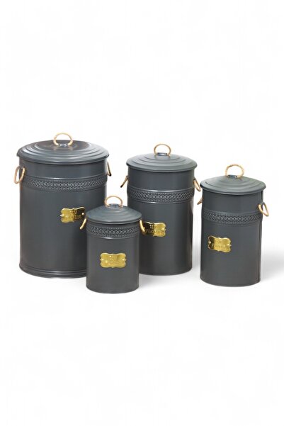 Milenay Premium 4'lü Un Saklama Kovası Seti, Osmanlı Motifli Halat Kulplu, 5-16-30-50 Litre