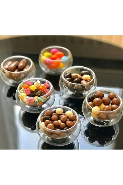 Janset 6 Pieces Glass Double Walled Bowl Set - Sugar Bowl, Jam Bowl, Sauce Bowl and Snack Bowl