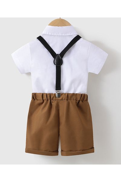 Kookie Kids Shirt with Bow and Pants with  Suspender Set - White & Brown