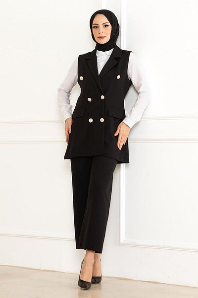Modamihram Black Double Set - Button Detail, Model 19231