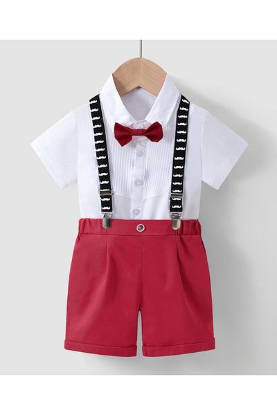 Kookie Kids Solid Shirt & Short Bottom Set With Moustache Print Suspenders & Bow Tie - White & Red