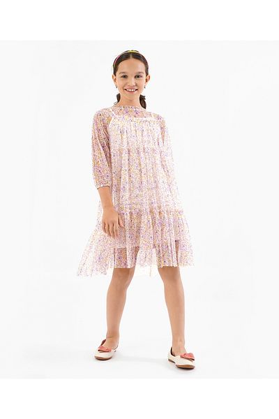 Primo Gino Full Sleeves Allover Floral Printed Pleated Party Dress With Inner - Pink
