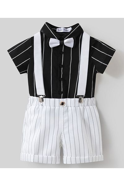 Kookie Kids Striped Shirt & Short Bottom Set With Suspenders & Bow Tie - White & Black