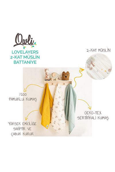Owli Lovelayers Muslin Set - 2 Layers, 3 Pieces, Forest 70x70 Cm