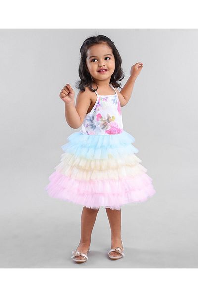 Babyhug Sleeveless Sequins Detailing Layered Party Frock - Multicolour