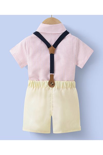 Kookie Kids Shirt with Bow and Pants with  Suspender Set - Pink & Pale Yellow