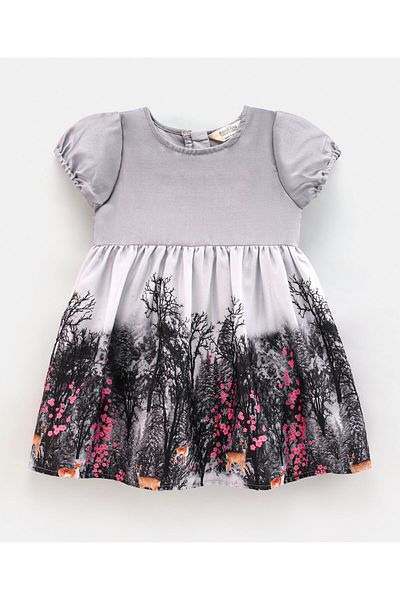 Bonfino Girls Half Sleeves All Over Printed Party Dress - Grey