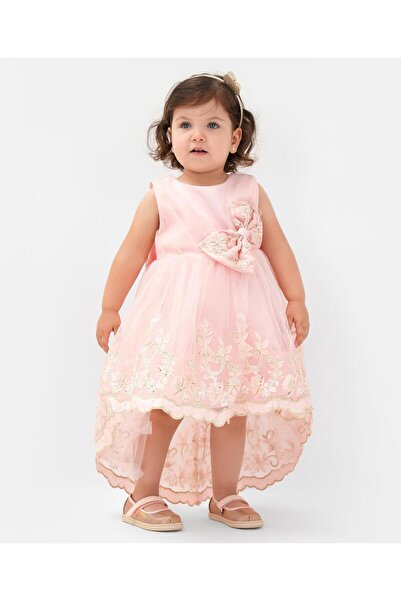 Kookie Kids Embroidered & Embellished Up Down Party Dress - Peach