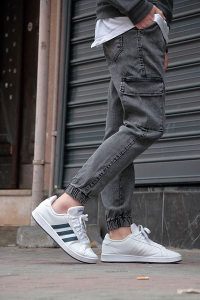 GREENPOLL Men's Gray Jogger Cargo Jeans - Side Pocket and Elastic Waist