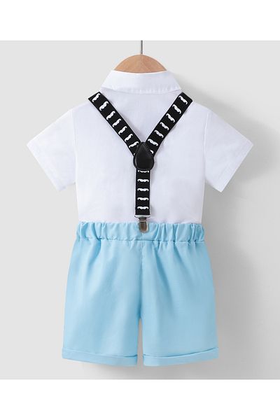 Kookie Kids Solid Shirt & Short Bottom Set With Moustache Print Suspenders & Bow Tie - White & Blue