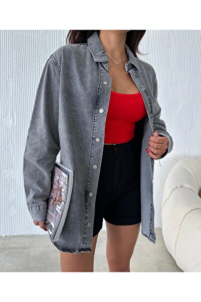 XBELLA DENİM Оувърсайз риза в цвят пушек - свободна кройка и снежно пране