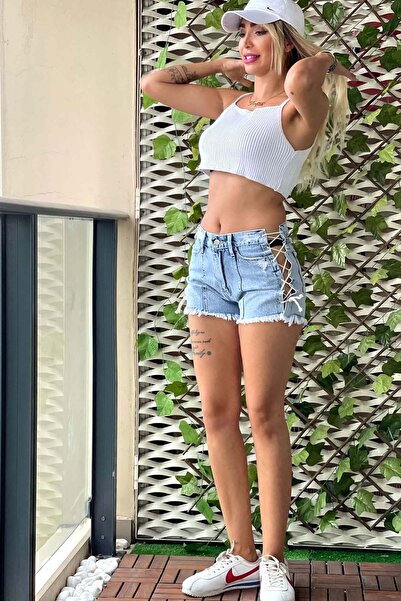 THE BARK Yandan Bağcıklı Mini Jean Kadın Şort 2076-891 Mavi