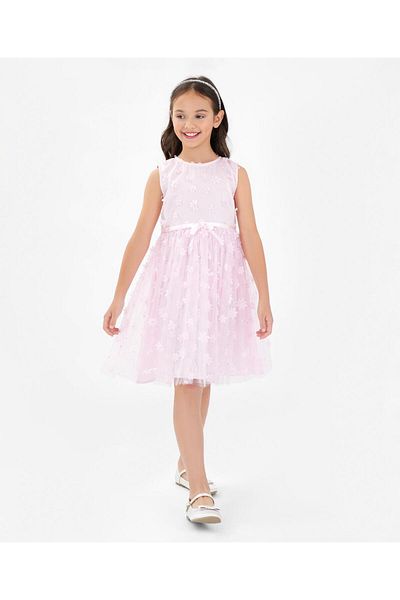 Primo Gino Sleeveless Party Frock with Floral Applique - Pink
