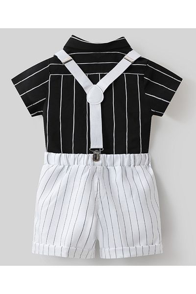 Kookie Kids Striped Shirt & Short Bottom Set With Suspenders & Bow Tie - White & Black
