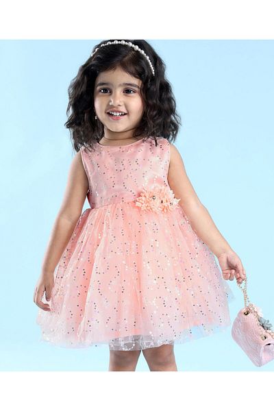 Babyhug Sleeveless Party Frock with Foil Print & Sequin Detailing with Floral Applique - Peach