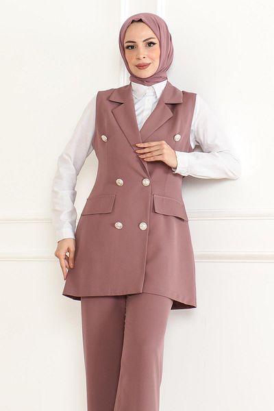 Modamihram Dusty Rose Double Set - Button Detail, Model 19231